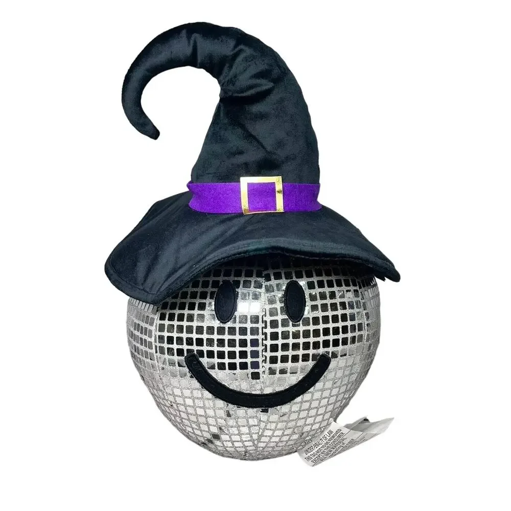 Halloween Disco Ball Smiley Face Witch Pillow 17x12 Silver NEW